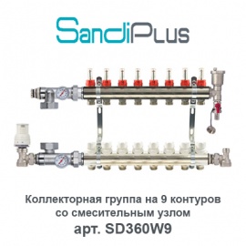 Коллекторная группа на 9 контуров с расходомерами и смесительным узлом Sandi Plus арт. SD360W9